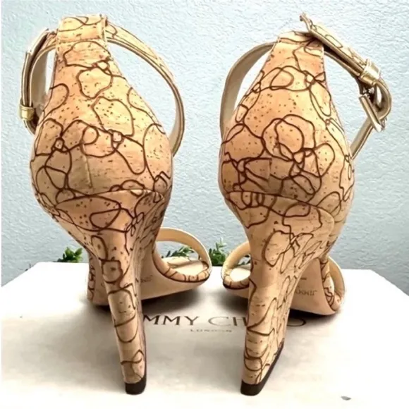 Jimmy Choo Edina Natural/Gold MetallicLasered Cork Sandals Size 39.5 / 9.5