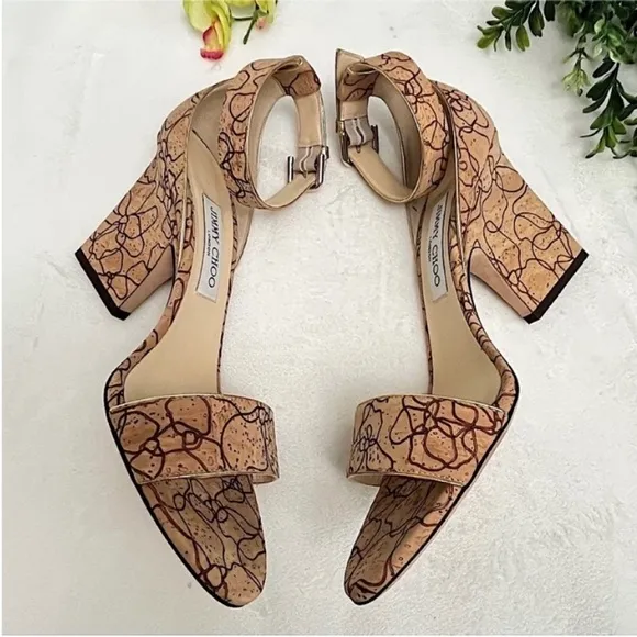 Jimmy Choo Edina Natural/Gold MetallicLasered Cork Sandals Size 39.5 / 9.5