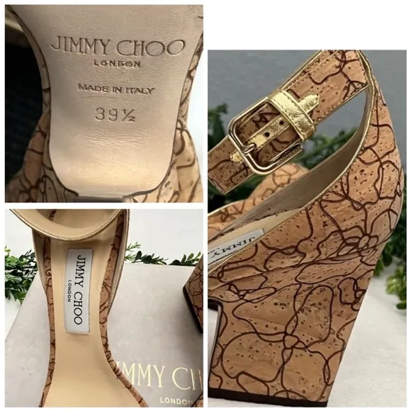 Jimmy Choo Edina Natural/Gold MetallicLasered Cork Sandals Size 39.5 / 9.5