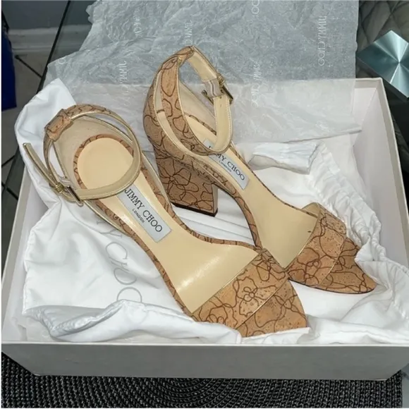 Jimmy Choo Edina Natural/Gold MetallicLasered Cork Sandals Size 39.5 / 9.5