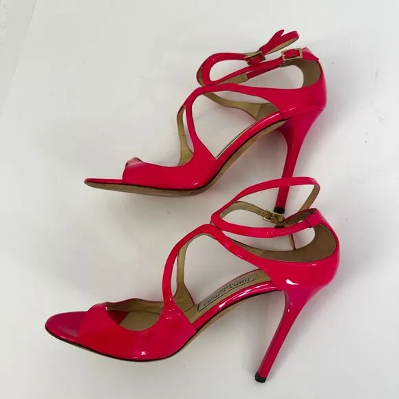 Jimmy Choo Patent Leather Lance Strappy High Heel Sandals Neon Pink 37.5 (US7.5)