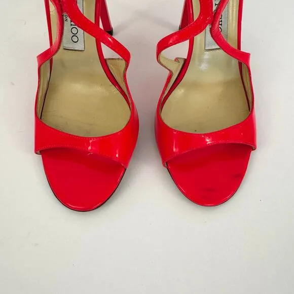 Jimmy Choo Patent Leather Lance Strappy High Heel Sandals Neon Pink 37.5 (US7.5)