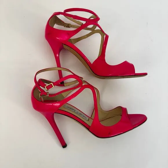 Jimmy Choo Patent Leather Lance Strappy High Heel Sandals Neon Pink 37.5 (US7.5)