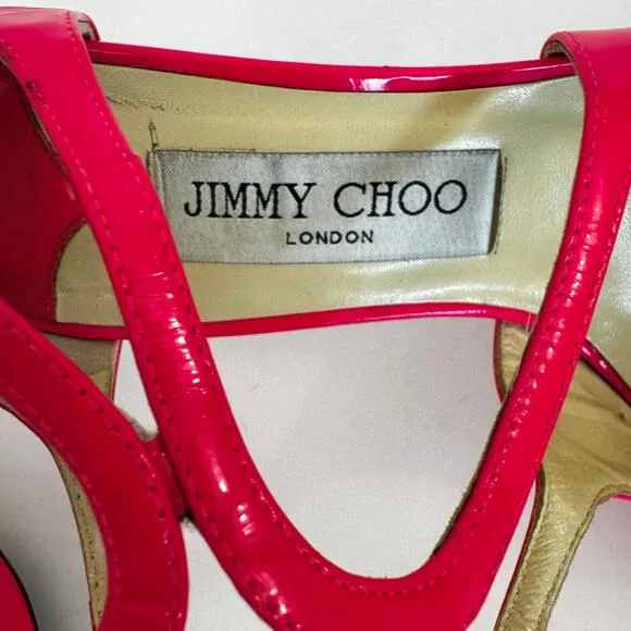 Jimmy Choo Patent Leather Lance Strappy High Heel Sandals Neon Pink 37.5 (US7.5)