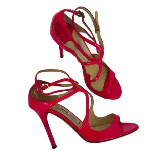 Jimmy Choo Patent Leather Lance Strappy High Heel Sandals Neon Pink 37.5 (US7.5)