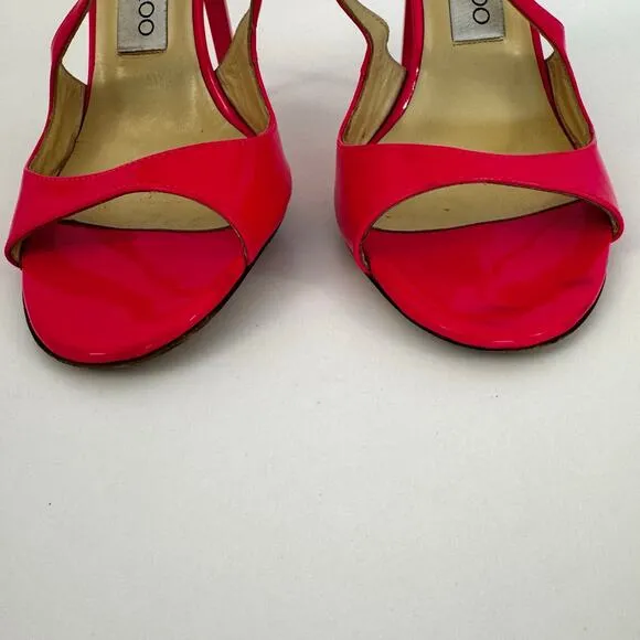 Jimmy Choo Patent Leather Lance Strappy High Heel Sandals Neon Pink 37.5 (US7.5)