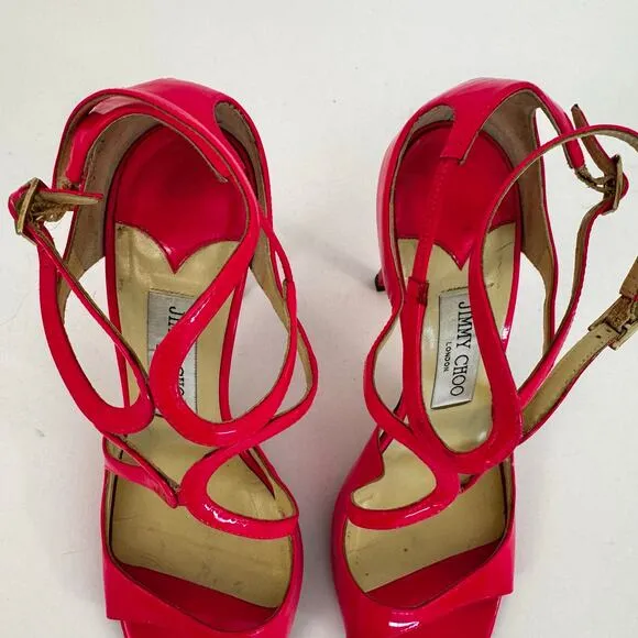 Jimmy Choo Patent Leather Lance Strappy High Heel Sandals Neon Pink 37.5 (US7.5)