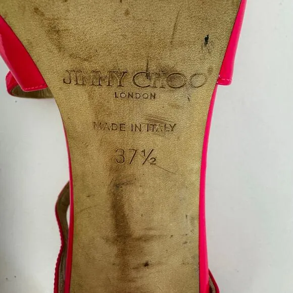 Jimmy Choo Patent Leather Lance Strappy High Heel Sandals Neon Pink 37.5 (US7.5)