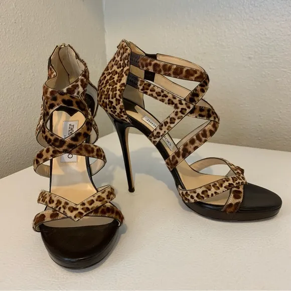 Jimmy Choo Pony Hair Cheetah Print Strappy Heels Size 39.5 / 9.5 US
