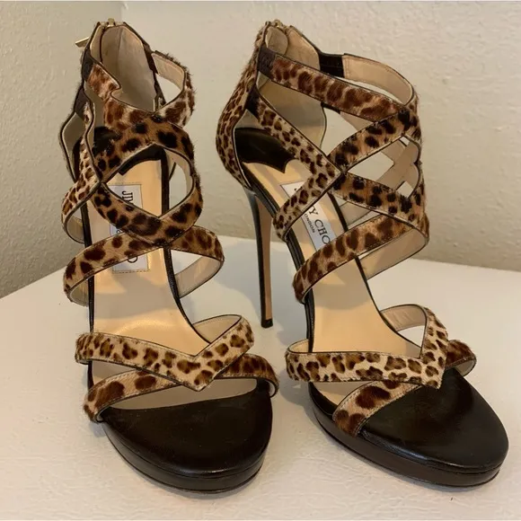 Jimmy Choo Pony Hair Cheetah Print Strappy Heels Size 39.5 / 9.5 US
