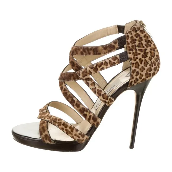 Jimmy Choo Pony Hair Cheetah Print Strappy Heels Size 39.5 / 9.5 US