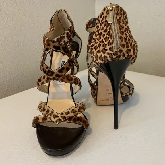 Jimmy Choo Pony Hair Cheetah Print Strappy Heels Size 39.5 / 9.5 US