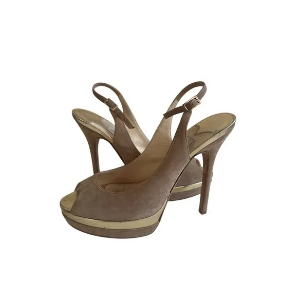 JIMMY CHOO Tan Beige Suede Slingback Heels Size 35.5/5.5