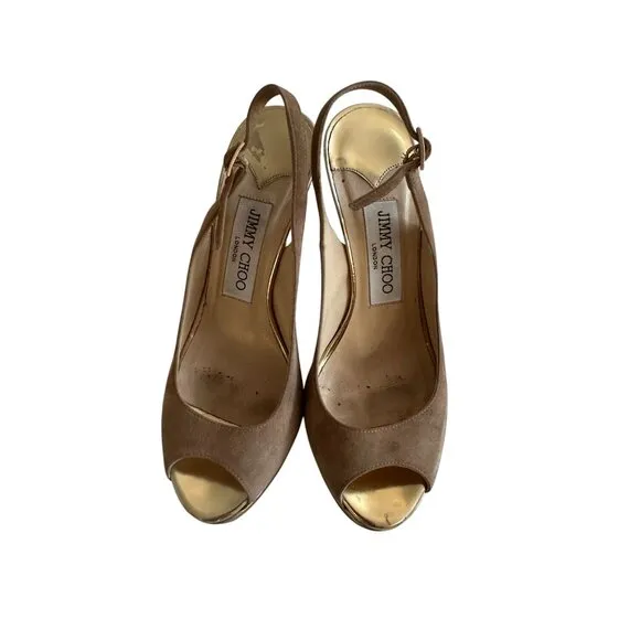 JIMMY CHOO Tan Beige Suede Slingback Heels Size 35.5/5.5