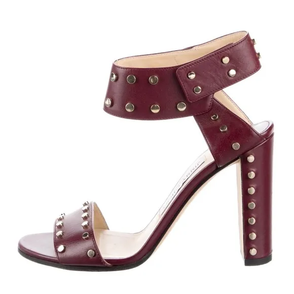 Jimmy Choo Veto Studded Block Heel Sandals Red Burgundy Leather Size 7.5