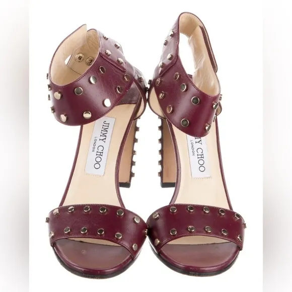 Jimmy Choo Veto Studded Block Heel Sandals Red Burgundy Leather Size 7.5