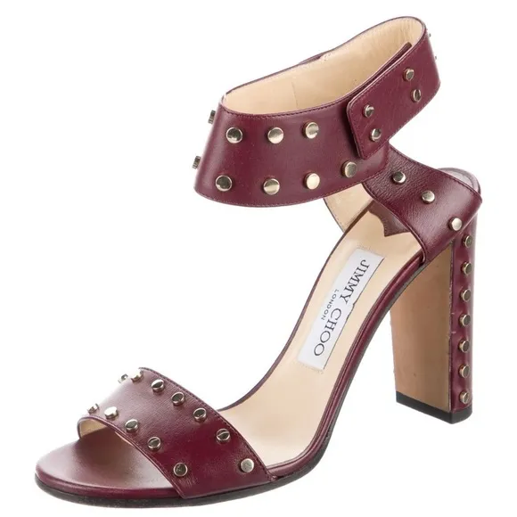 Jimmy Choo Veto Studded Block Heel Sandals Red Burgundy Leather Size 7.5
