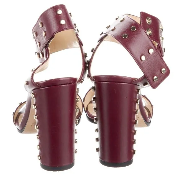 Jimmy Choo Veto Studded Block Heel Sandals Red Burgundy Leather Size 7.5