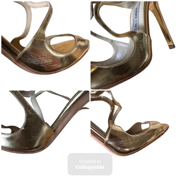 Jimmy Choo Women's Lance 100 Gold Leather  Sandals Size 37 Cocktail Black Tie