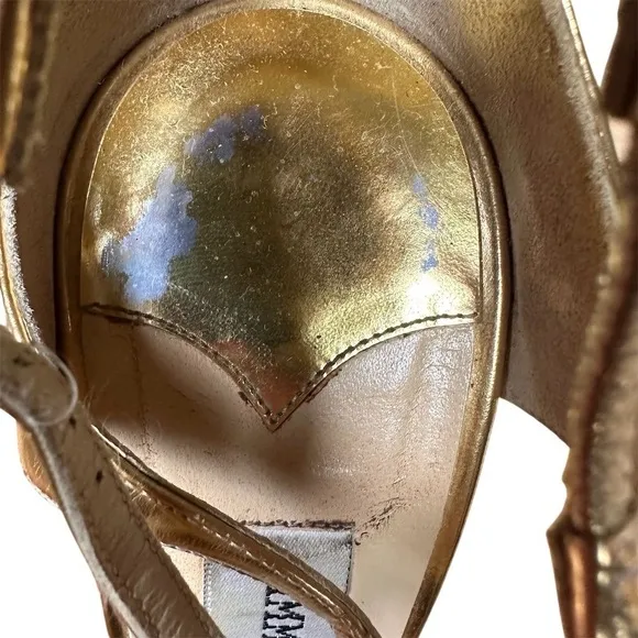 Jimmy Choo Women's Lance 100 Gold Leather  Sandals Size 37 Cocktail Black Tie