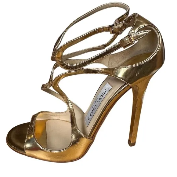 Jimmy Choo Women's Lance 100 Gold Leather  Sandals Size 37 Cocktail Black Tie