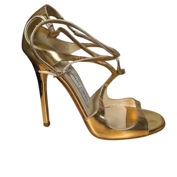 Jimmy Choo Women's Lance 100 Gold Leather  Sandals Size 37 Cocktail Black Tie