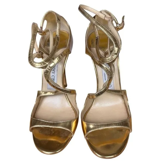 Jimmy Choo Women's Lance 100 Gold Leather  Sandals Size 37 Cocktail Black Tie