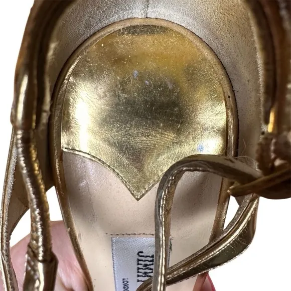 Jimmy Choo Women's Lance 100 Gold Leather  Sandals Size 37 Cocktail Black Tie
