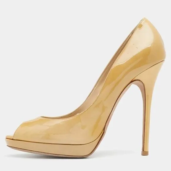 JIMMY CHOO Peep Toe Heel, Beige Size 38 Euro, 7 USA