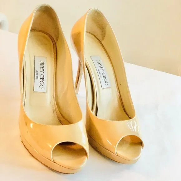 JIMMY CHOO Peep Toe Heel, Beige Size 38 Euro, 7 USA