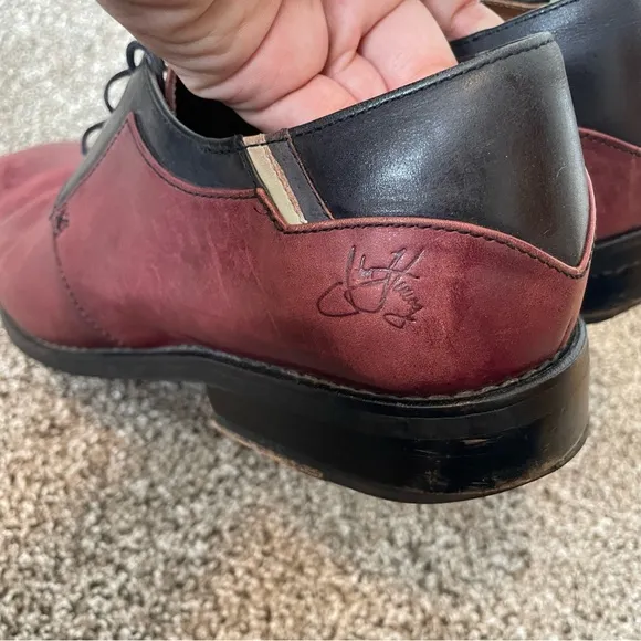 John Fluevog Maroon and Black Leather Men's Business Derby Dress Shoes, Size 9.5