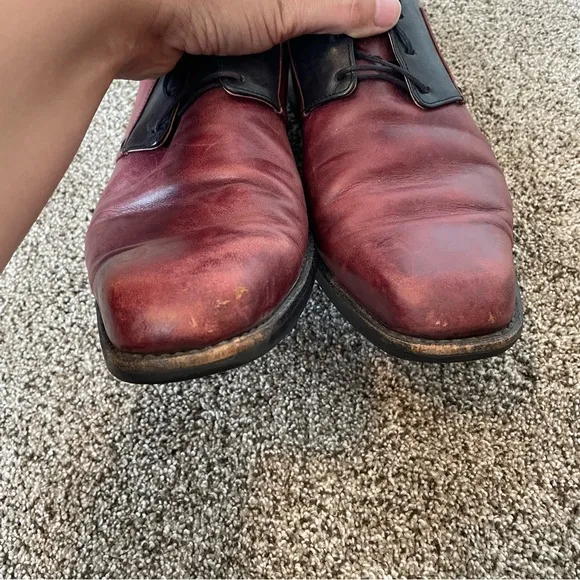 John Fluevog Maroon and Black Leather Men's Business Derby Dress Shoes, Size 9.5