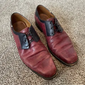 John Fluevog Maroon and Black Leather Men's Business Derby Dress Shoes, Size 9.5