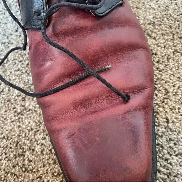 John Fluevog Maroon and Black Leather Men's Business Derby Dress Shoes, Size 9.5