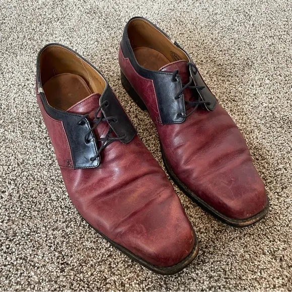 John Fluevog Maroon and Black Leather Men's Business Derby Dress Shoes, Size 9.5