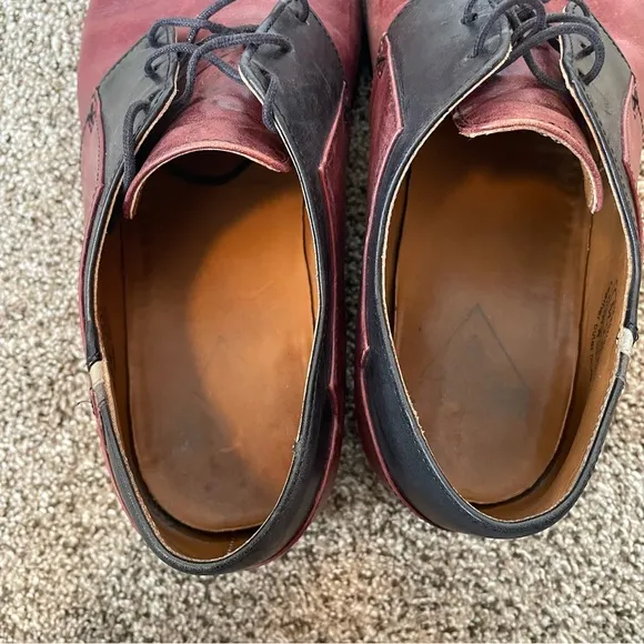 John Fluevog Maroon and Black Leather Men's Business Derby Dress Shoes, Size 9.5