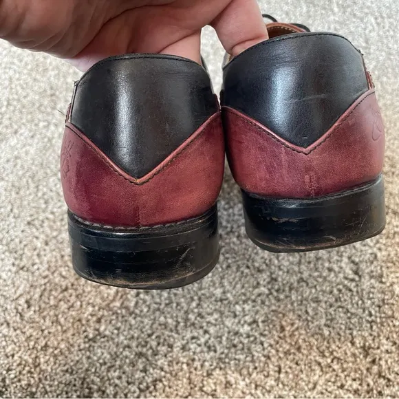 John Fluevog Maroon and Black Leather Men's Business Derby Dress Shoes, Size 9.5
