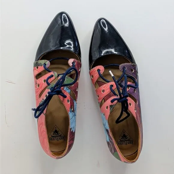 John Fluevog Shoes The Coal Womens 5 Pink Black Floral Lace Up Pointy Toe Heel