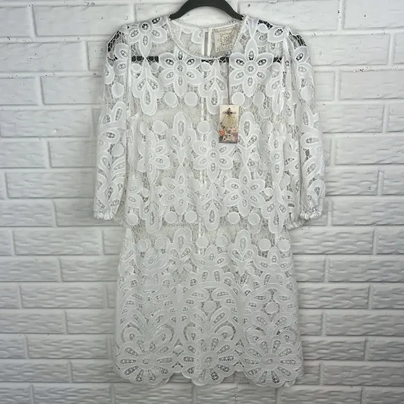 JOHNNY WAS LACE FLORAL WHITE EYELET LISETTA MINI DRESS SIZE SMALL NWT