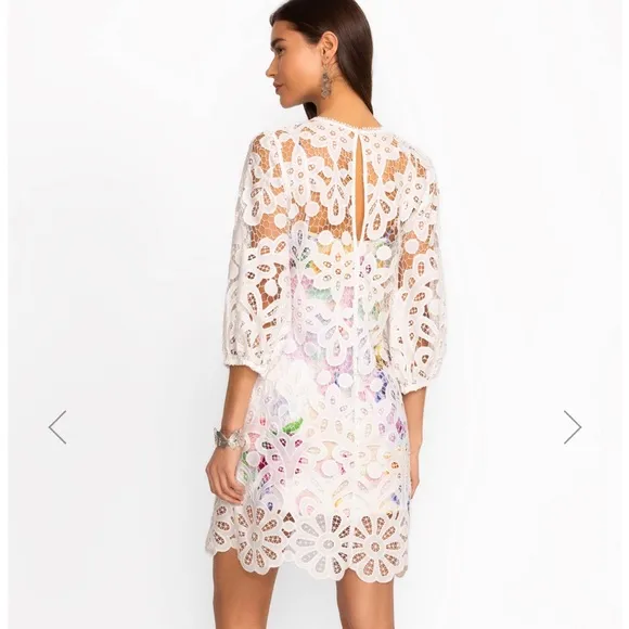 JOHNNY WAS LACE FLORAL WHITE EYELET LISETTA MINI DRESS SIZE SMALL NWT