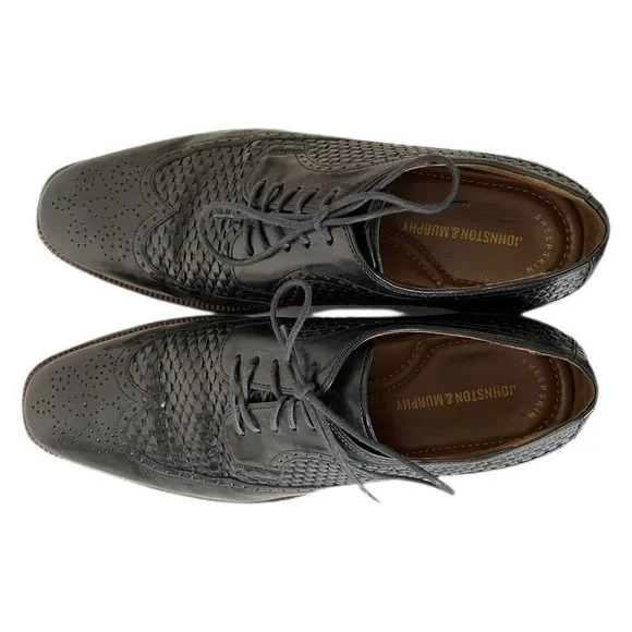 Johnston &amp; Murphy Black Woven Wingtip Dress Shoes Men’s Size 8M Leather