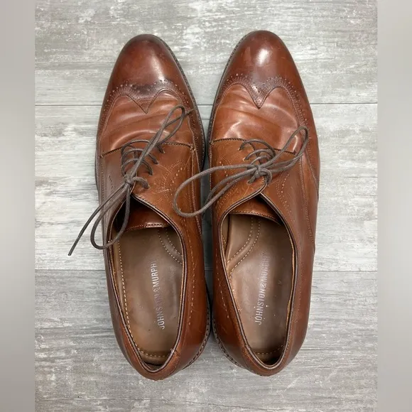 Johnston &amp; Murphy Burnished Walnut Tan Wingtip Derbys 12 M