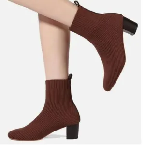 Joie Neely Knit Stretchy Block Heel Sock Ankle Boot Shoes Brown Size 9