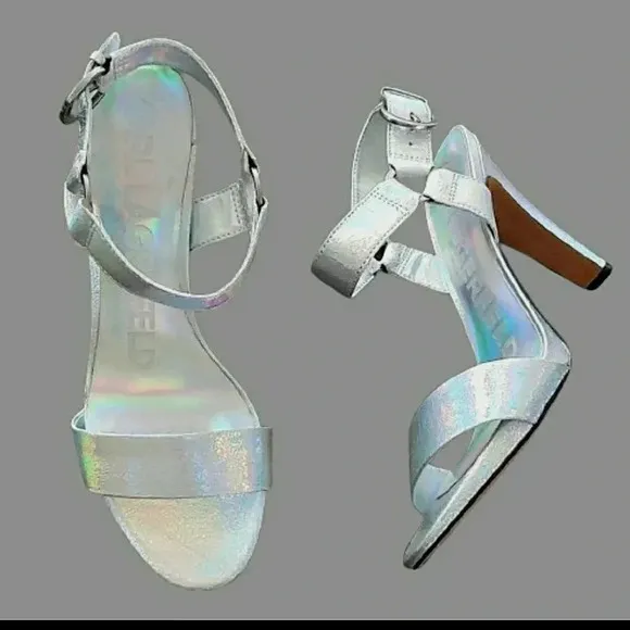 Karl Lagerfeld 9.5 Silver Iridescent Sparkling Wedding Formal Dress Sandals
