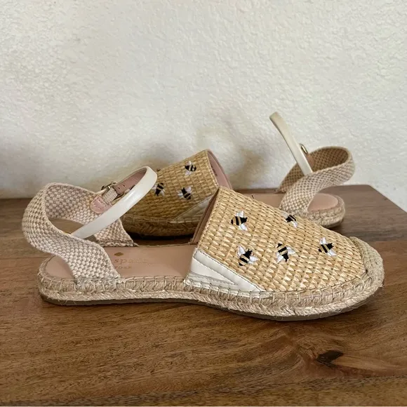 Kate Spade BonnieEmbroidered Bee Straw Flats,Natural Beige Shoes Size 7.5 B