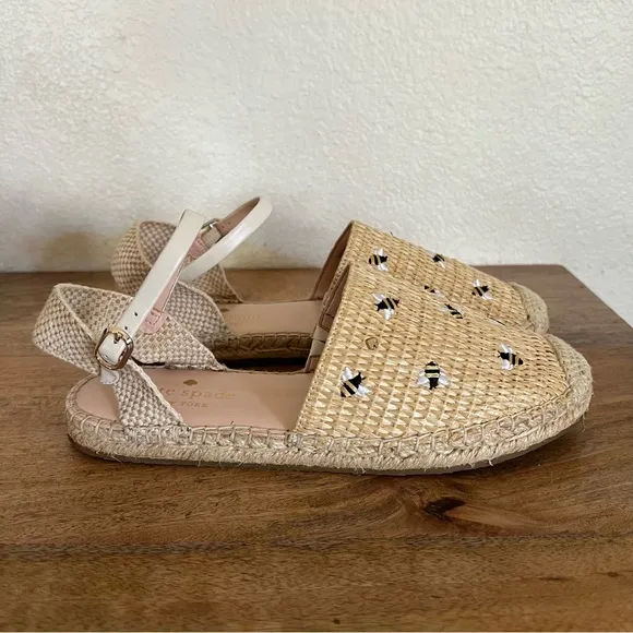 Kate Spade BonnieEmbroidered Bee Straw Flats,Natural Beige Shoes Size 7.5 B