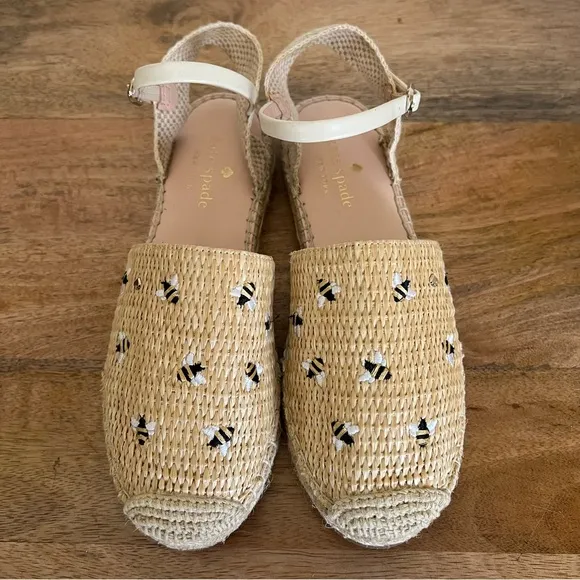 Kate Spade BonnieEmbroidered Bee Straw Flats,Natural Beige Shoes Size 7.5 B
