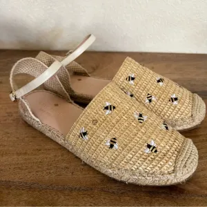 Kate Spade BonnieEmbroidered Bee Straw Flats,Natural Beige Shoes Size 7.5 B