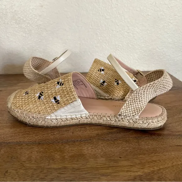 Kate Spade BonnieEmbroidered Bee Straw Flats,Natural Beige Shoes Size 7.5 B