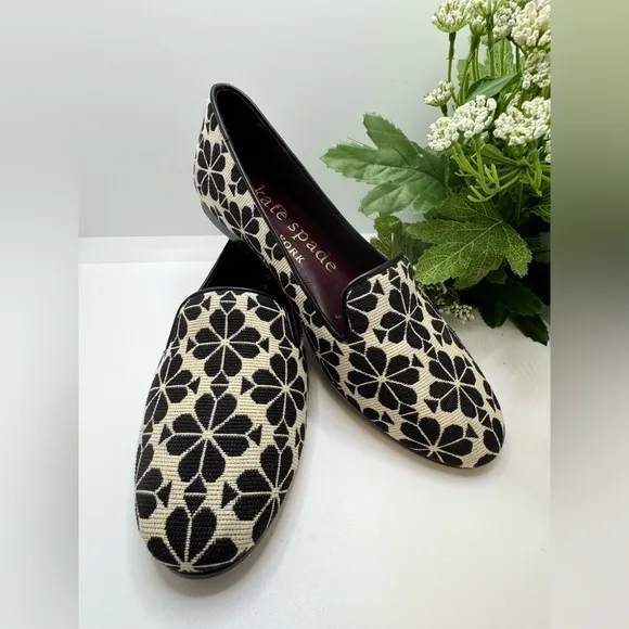 Kate Spade Flower Jacquard Lounge Loafers Women’s Flats 7B  Black Cream